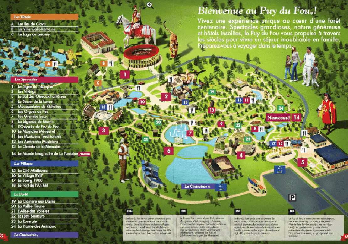 Carte Puy du Fou  Plan des spectacles, restaurants et villages du parc