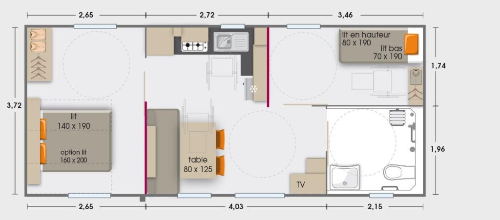 Confort Stacaravan 36m² uitgerust voor mindervaliden en gehandicapten (2 kamers) + overdekt terras