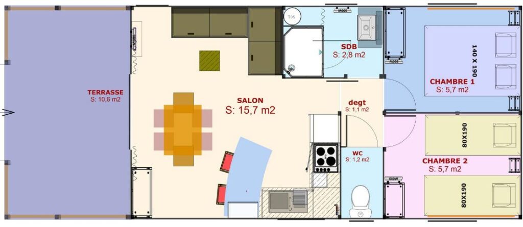 Comfort Lodge Sweetflower 43 m² 4/6 p. (2 slaapkamers) + halfoverdekt terras